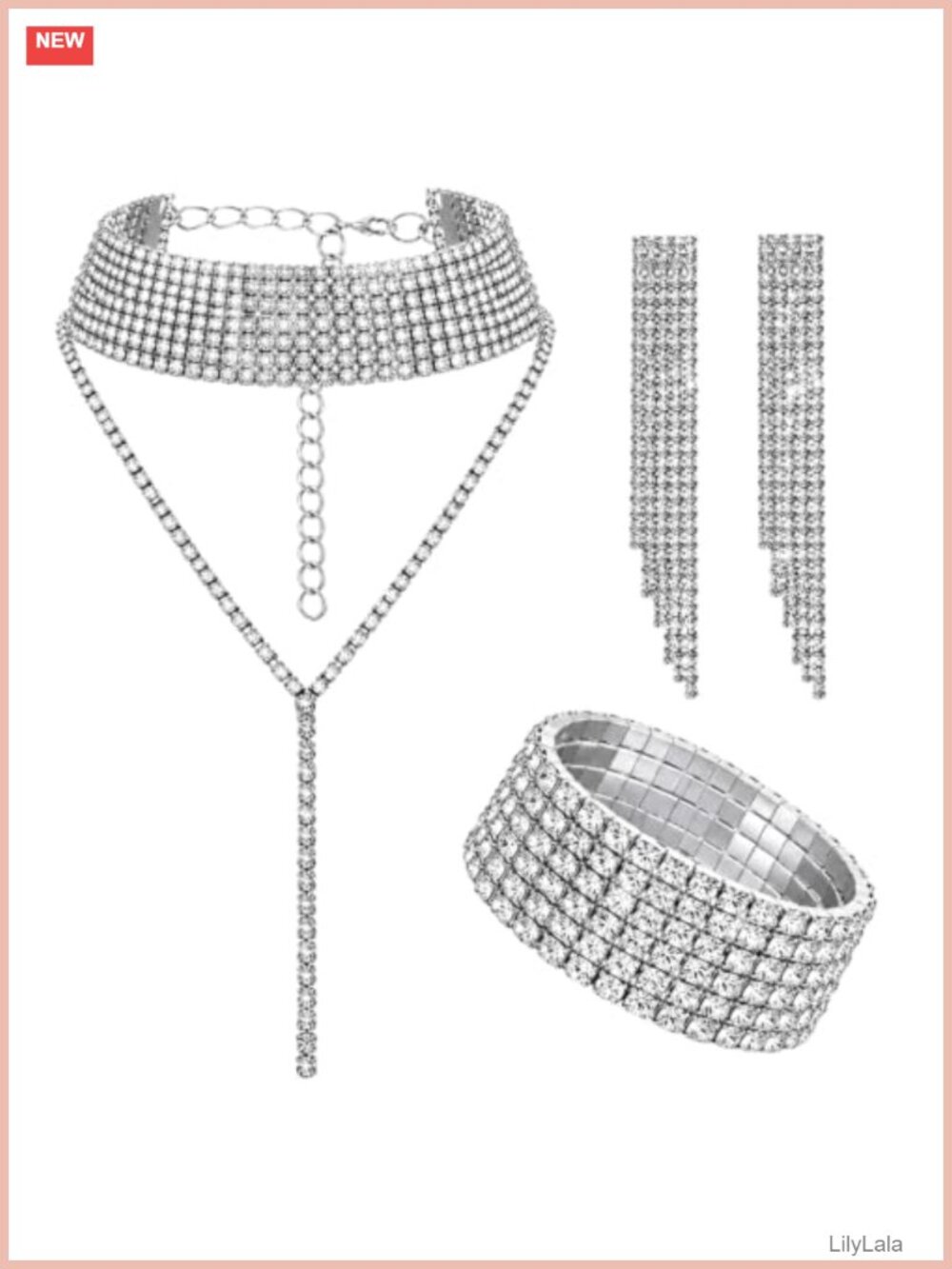 Hicarer Rhinestone Alloy 3-Piece Bridal Jewelry Set Necklace Bracelet Earrings